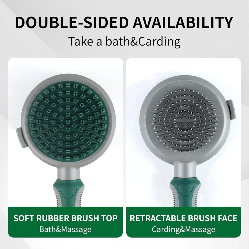 Green two-sided pet grooming brush showing slicker brush and silicone massager sides with anti-slip handle