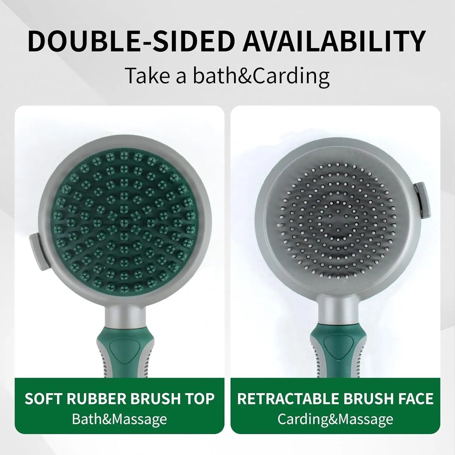 Green two-sided pet grooming brush showing slicker brush and silicone massager sides with anti-slip handle