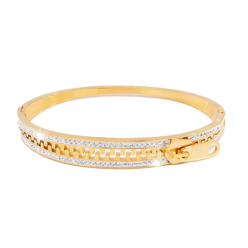 Titanium steel zipper bracelet for girls with unique niche design in golden and silver finishes