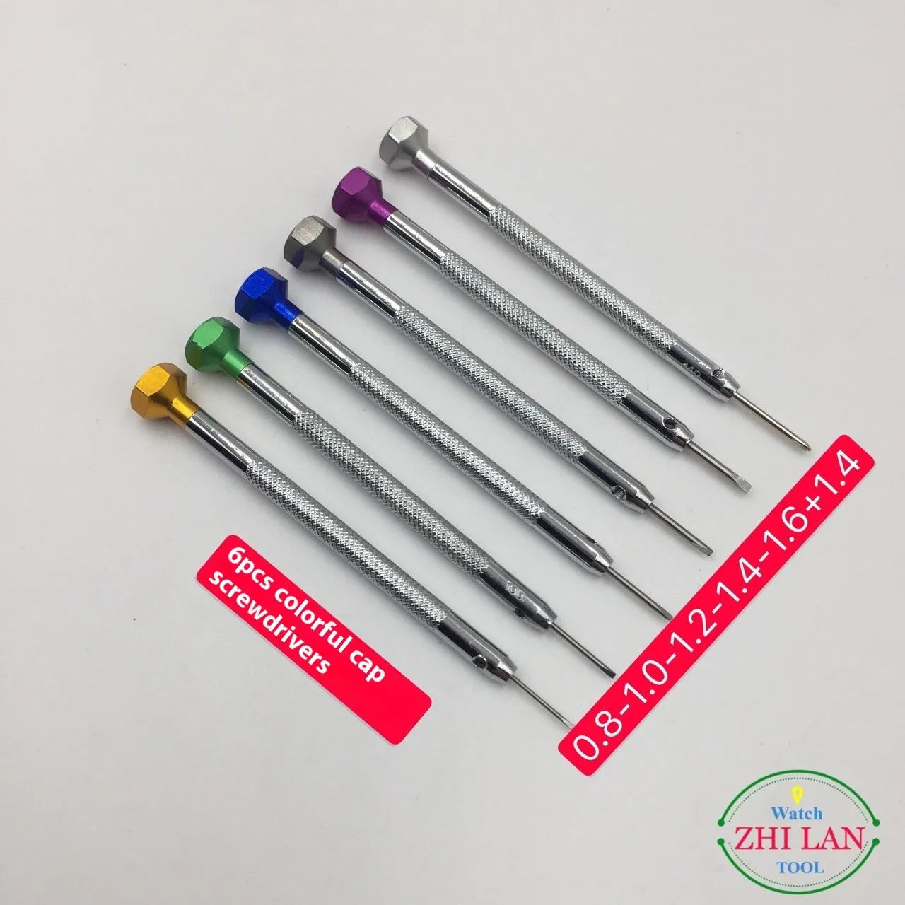 Six colour aluminium handle screwdrivers for watch repair with spring steel cutter heads