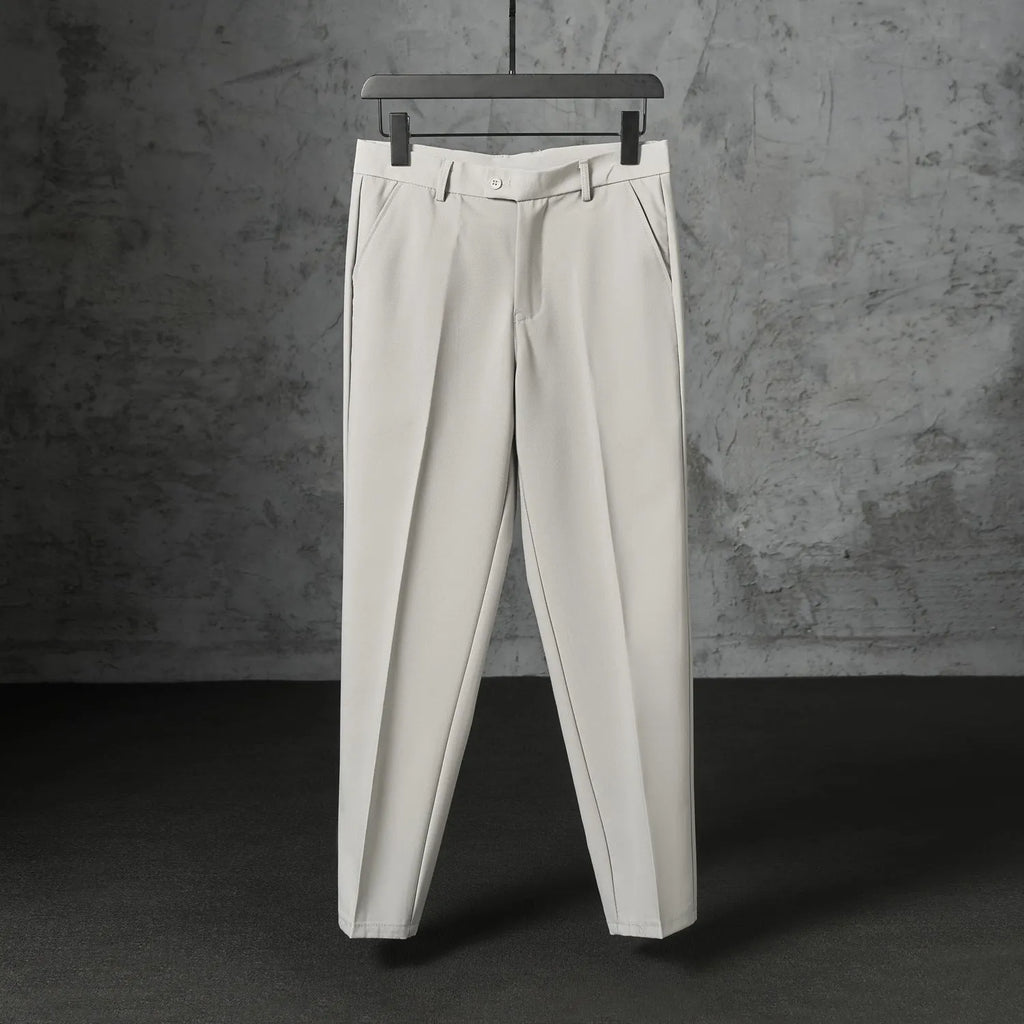 Autumn men's straight loose fit brushed polyester casual trousers in khaki, front view