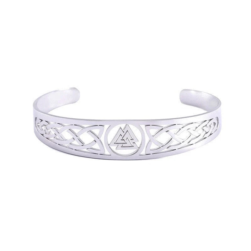 Handcrafted stainless steel Valknut and Celtic design bracelet in silver, black, and gold finishes