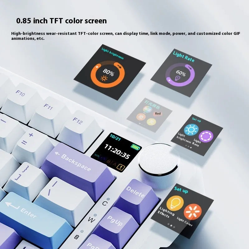 Three-mode wireless mechanical keyboard with hot-swappable sockets, PBT plastic, includes dust cover and pullers