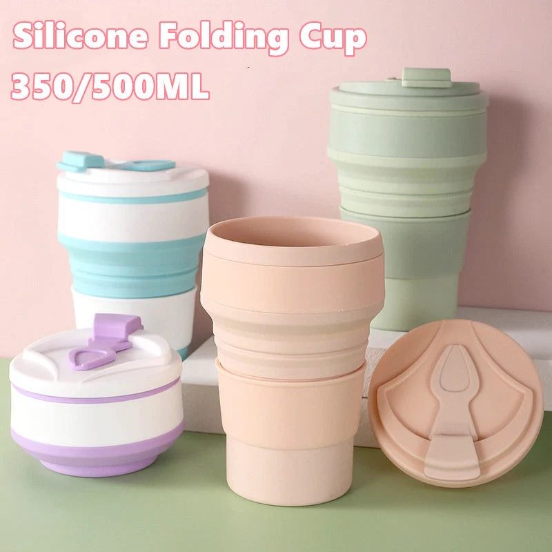 Collapsible silicone travel mug with leak-proof cover in various colours