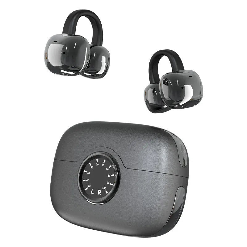 Ear clip wireless bluetooth earphone in black with charging case, open-ear design