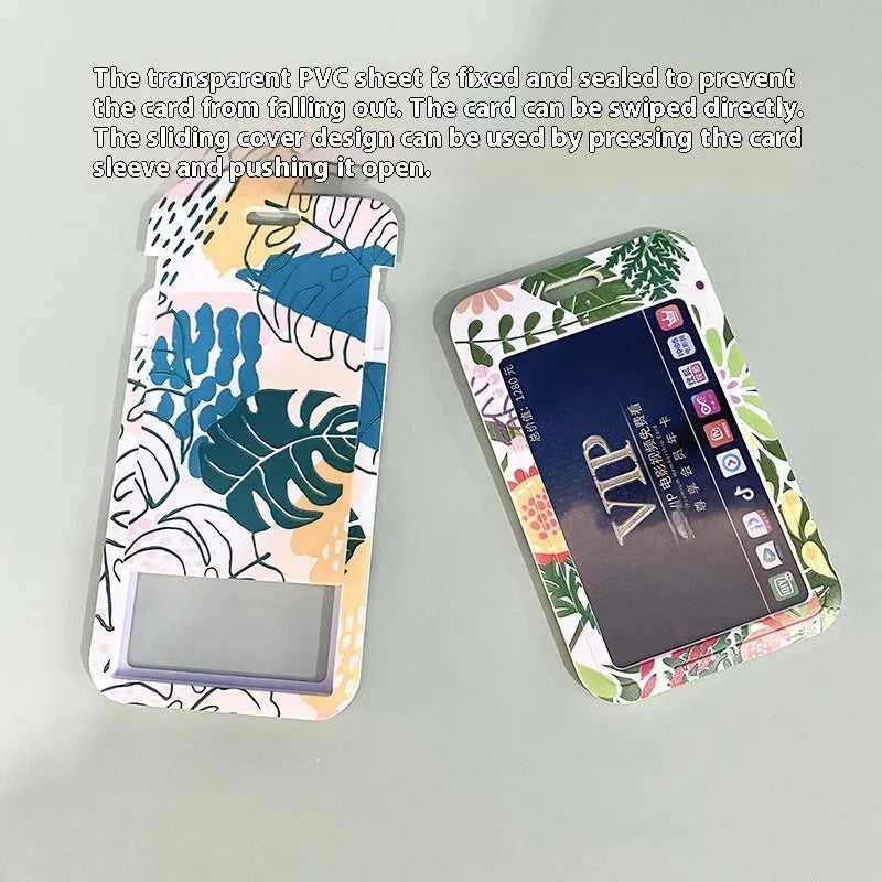 Plastic card cover with green plant diamond grid long lanyard and Monstera deliciosa motif on modern simple background