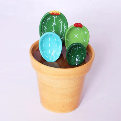 Ceramic measuring spoon set with cactus-inspired base in vibrant colors, perfect for baking and cooking