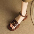 Women's thick-soled leather casual sandals with round toe and buckle fastening in neutral colours