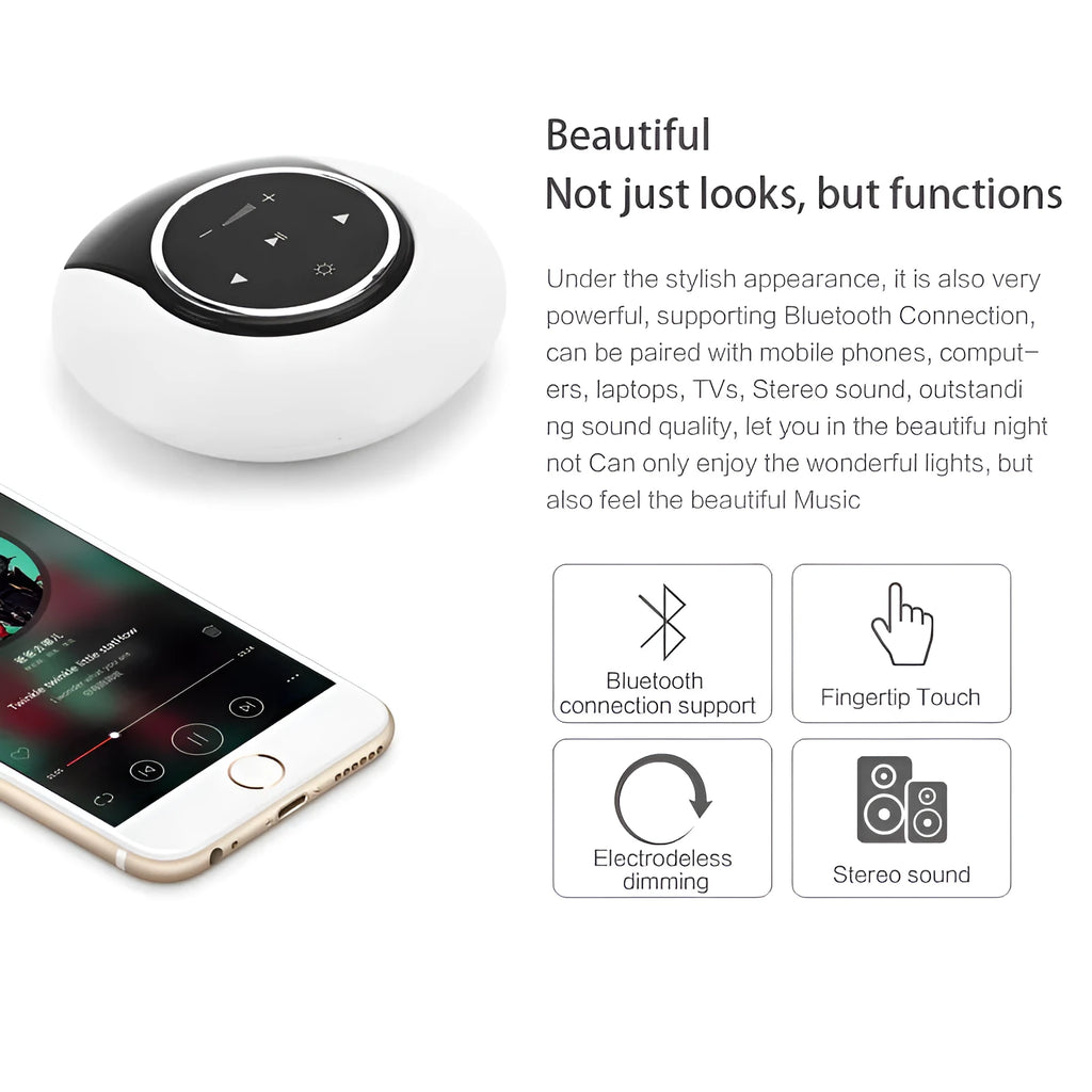 DEAMAK-1 Bluetooth speaker and LED desk lamp in folded position showing touch controls.