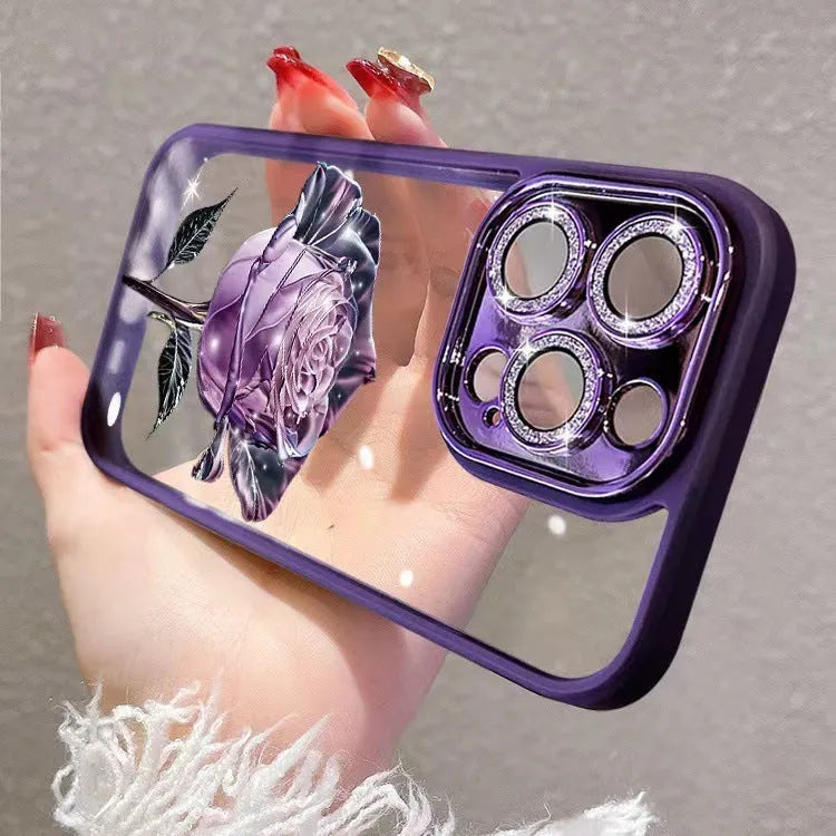 Dark purple fairy pink rose TPU iPhone case with sparkling pink lens film on an iPhone 14 Pro.