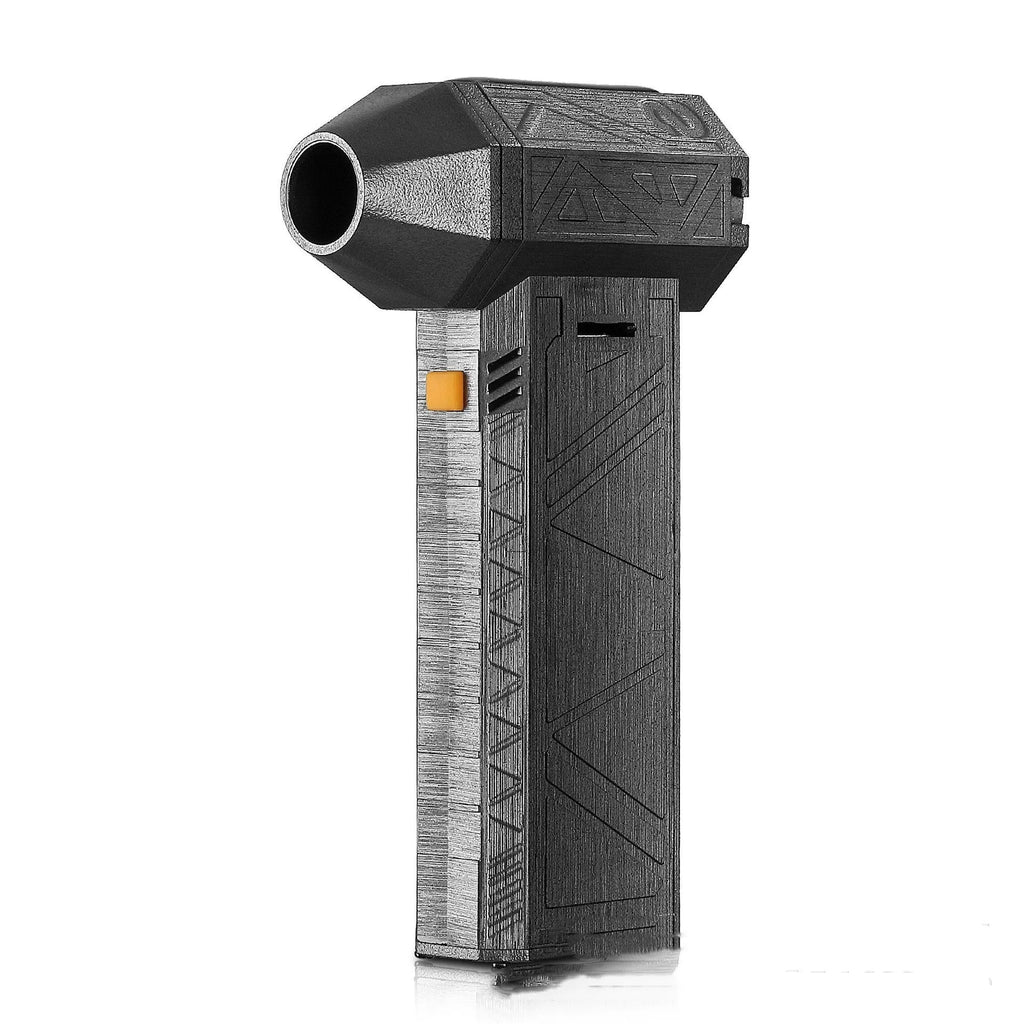 Iron grey cordless handheld turbo fan air duster with brushless motor on a grey background.