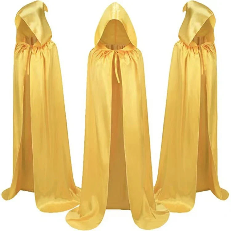 Premium hooded Halloween cape cloak made of luxurious satin fabric, available in black, gold, and purple colors, and various sizes to fit children.