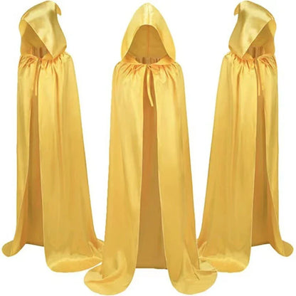 Premium hooded Halloween cape cloak made of luxurious satin fabric, available in black, gold, and purple colors, and various sizes to fit children.