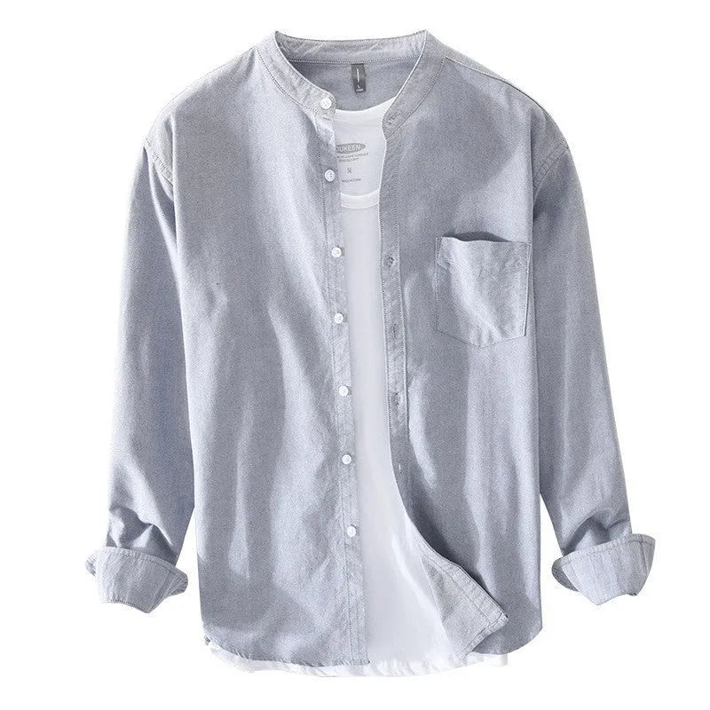 Men's linen stand collar casual shirt in solid colour, long sleeves, loose fit, available in six colours and sizes M to XXXL