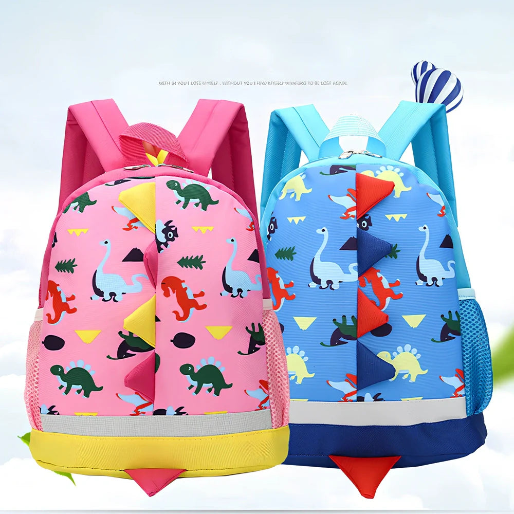 Cartoon dinosaur print children's school bag in dark blue, 20L nylon with double straps and zipper pocket for kindergarten
