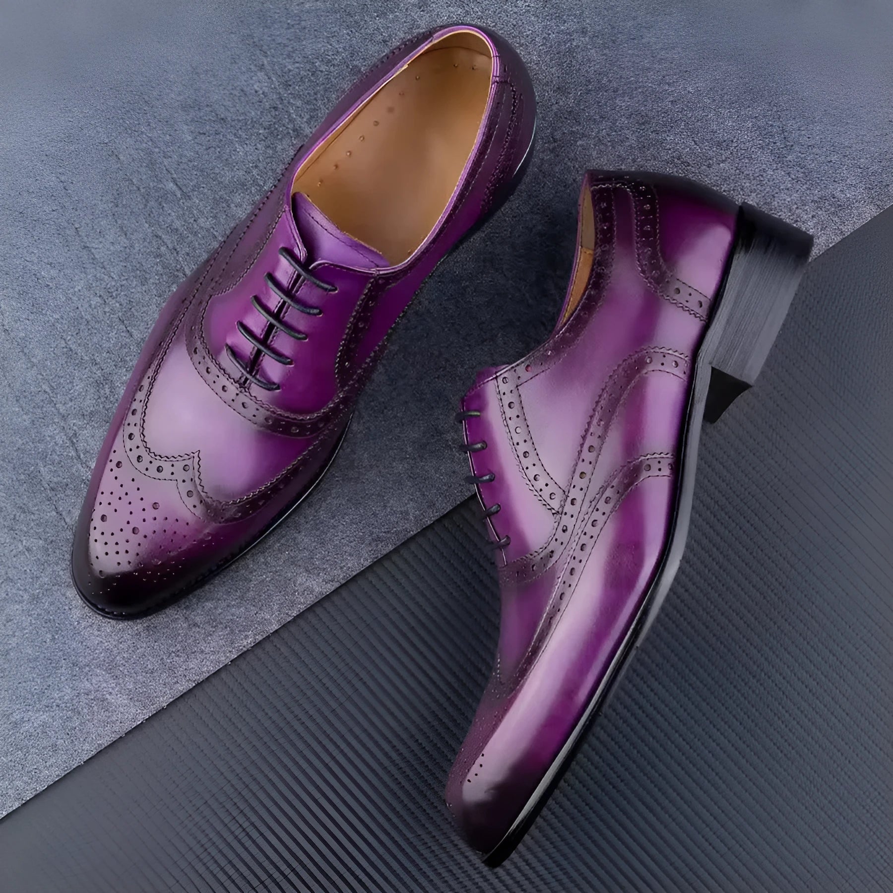 Men's purple leather Oxford shoes with hand-carved detailing and pointed toe
