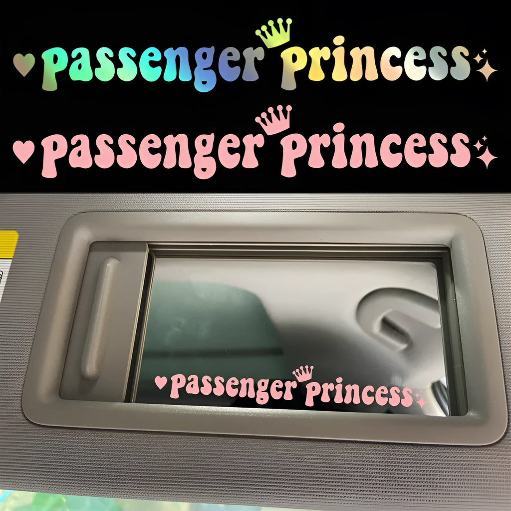 Passenger Princess text on a black plastic car sticker for rearview mirrors, showing 15cm length.