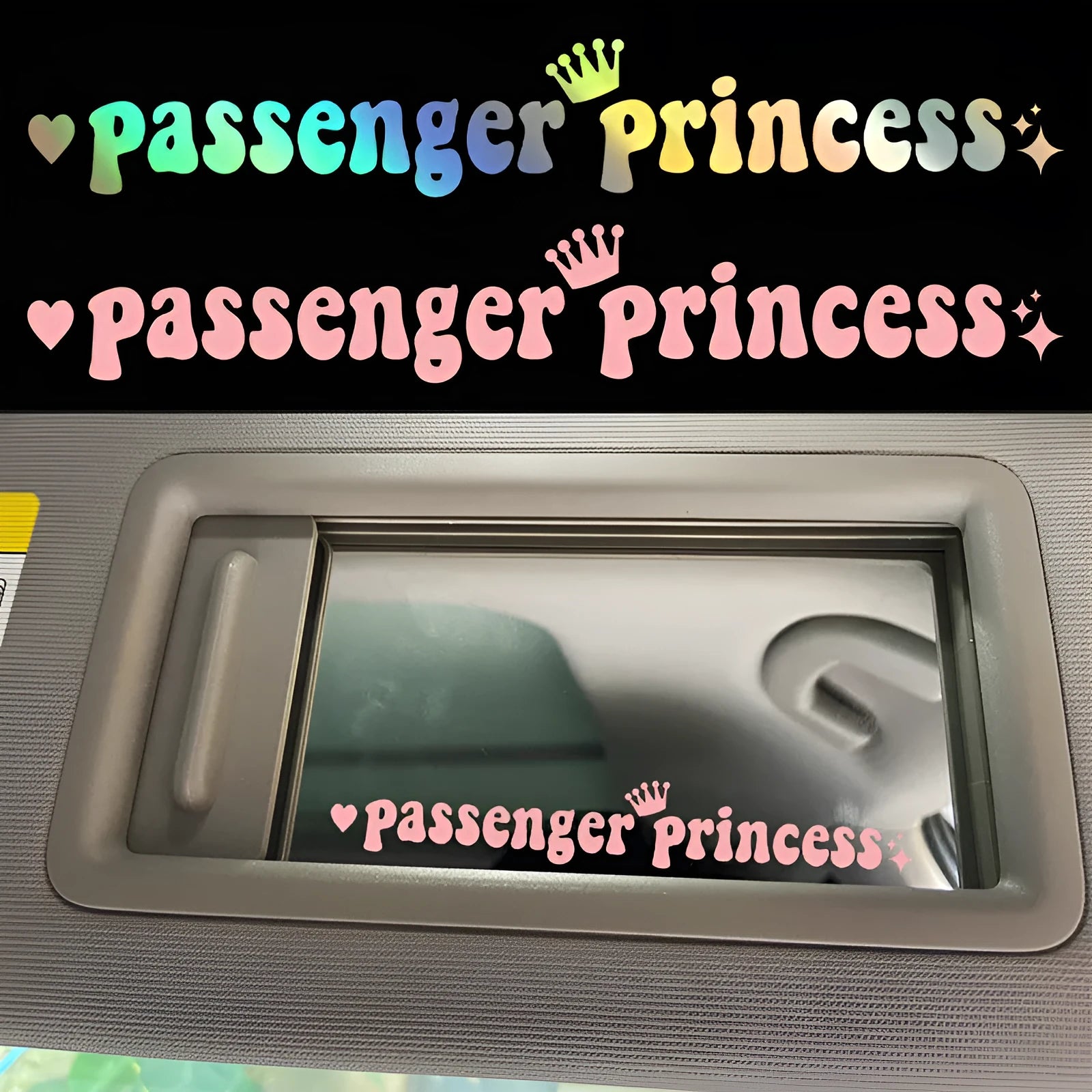 Passenger Princess text on a black plastic car sticker for rearview mirrors, showing 15cm length.