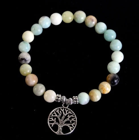Handmade matte amazonite stone strand bracelet with OM and lotus charms