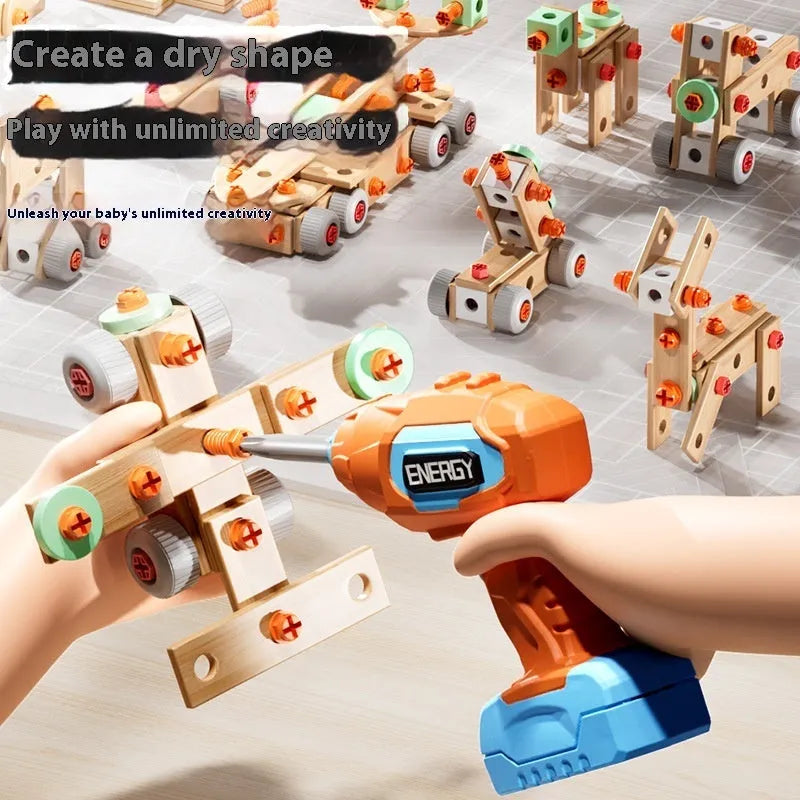 Children's plastic screw toy assembly set with blue building blocks and tools on a table