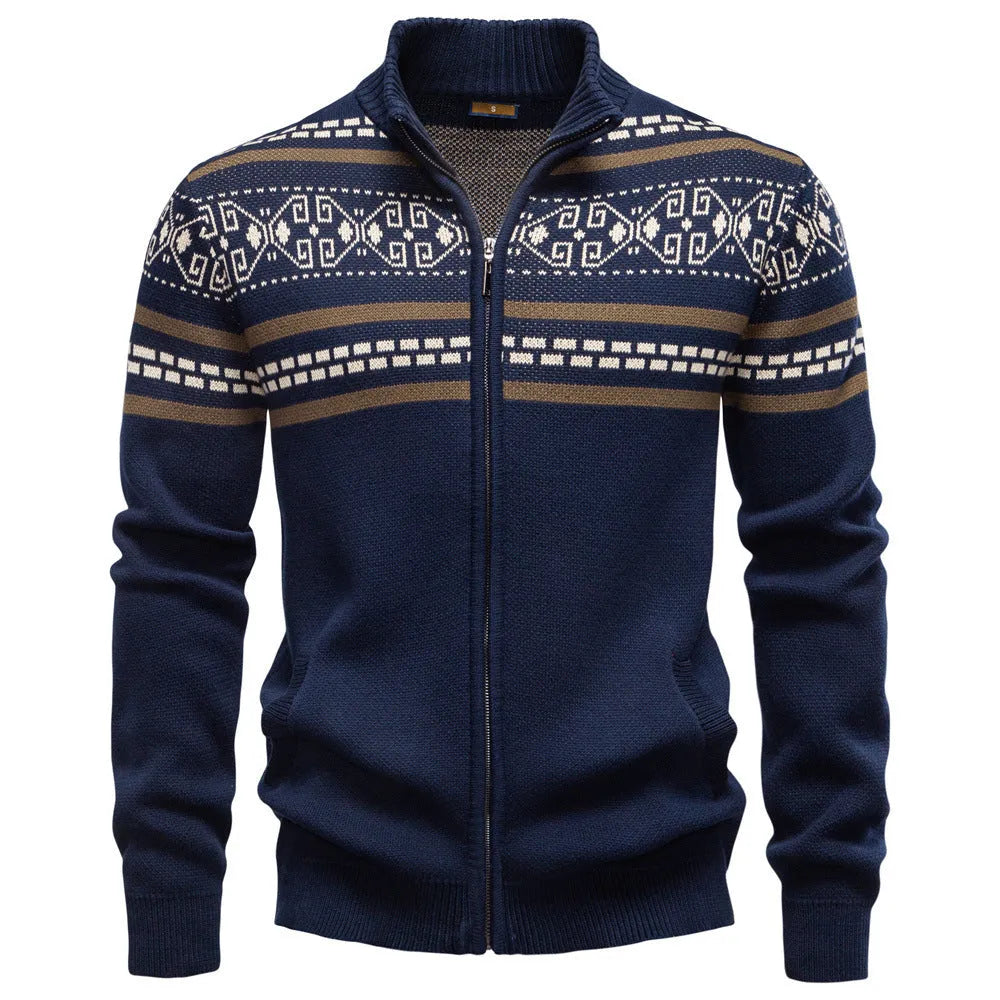 Men's cotton knitted zipper jacket in slim fit, available in army green, dark blue, and apricot colours