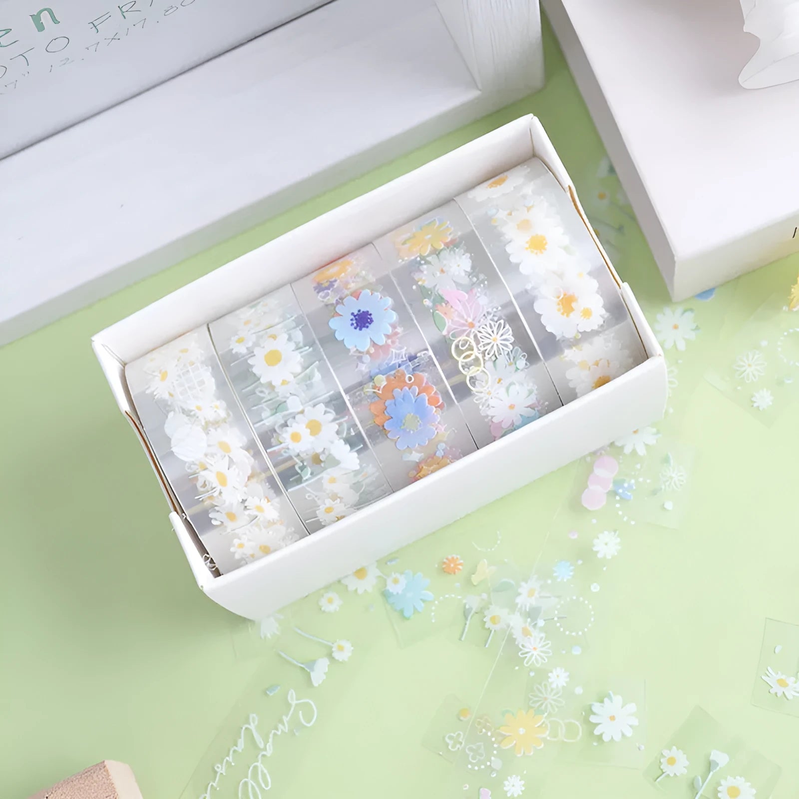 Transparent adhesive tape with Midsummer Daisy cartoon decoration measuring 1.5cm wide