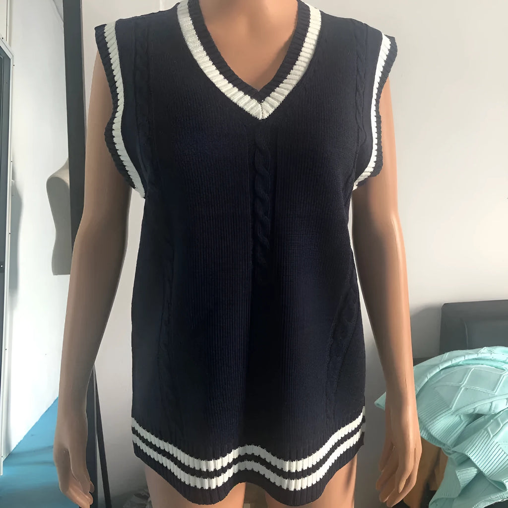 Women's V-neck waistcoat sweater with striped stitching in acrylic knit fabric