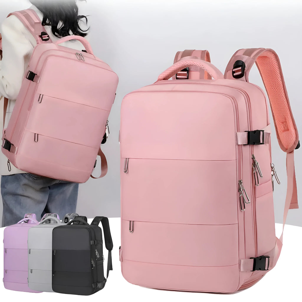 Women's large capacity travel backpack in purple with multiple compartments and air pillow belt