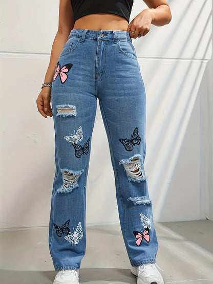 Women's high-waisted straight-leg jeans with butterfly print and distressed details