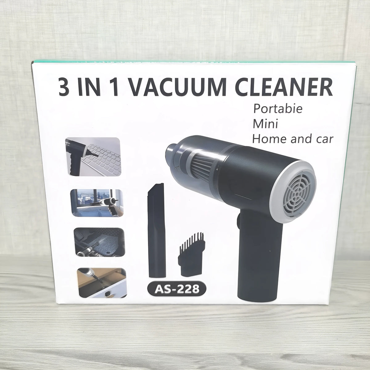 AS-228 Black handheld car cleaner with transparent cover, rechargeable battery, and USB charging cable