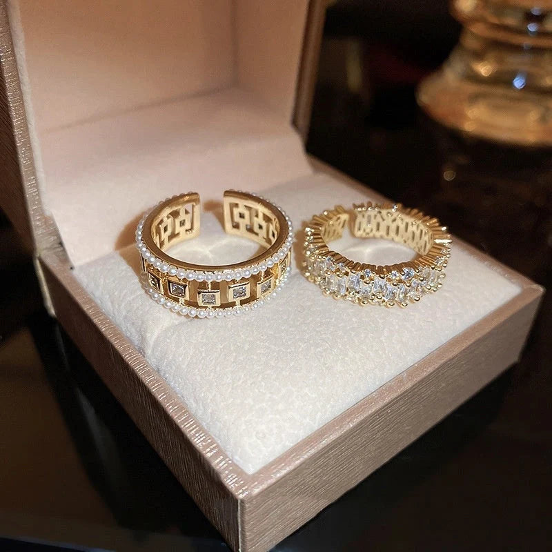 Pearl Hollowed-out Square Open-end Zircon Ring in gold, showcasing unique geometric design