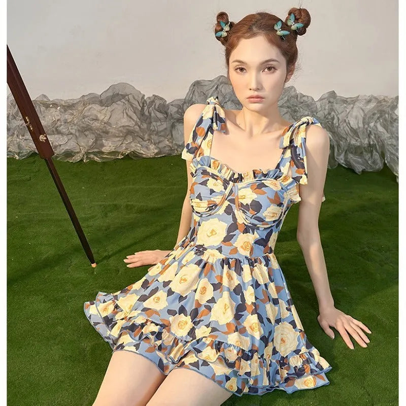 Women's high-waist one-piece swimsuit in oil blue solid colour, polyester with tummy coverage