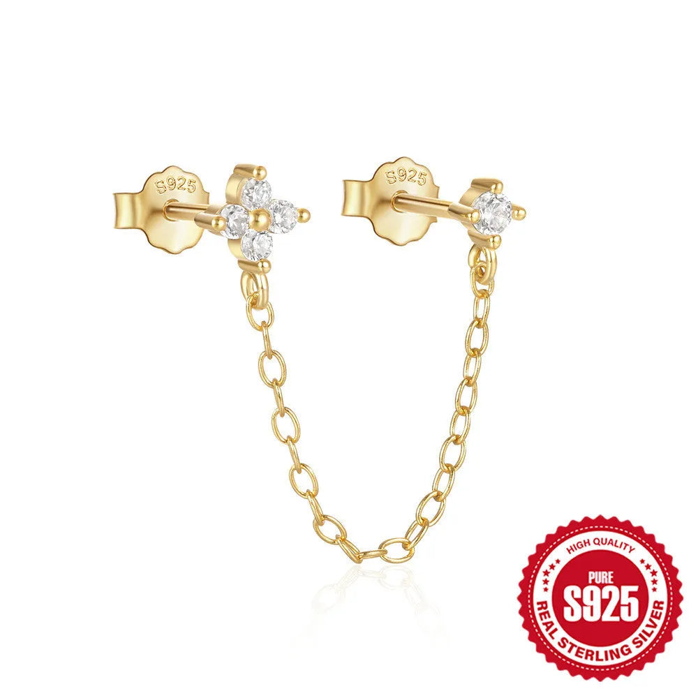 S925 sterling silver geometric earrings with flower, tassel and chain design in gold tone finish
