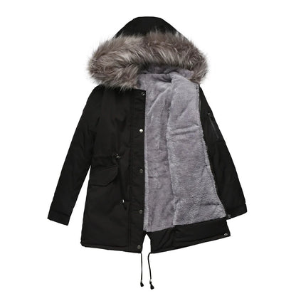 Mid-length hooded parka in various colours, featuring cotton padding for warmth