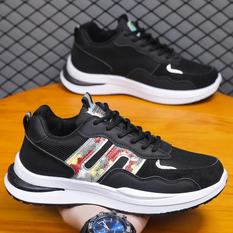 Men's mesh and leather sports casual shoes in white green, available in plus sizes up to 45.