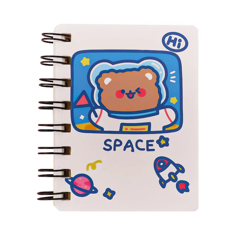 Astronaut themed pocket flipper notebook showing 10.5 by 8 cm dimensions with space cat cover design