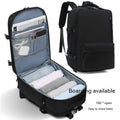Large black waterproof mummy-style travel backpack on a neutral background.