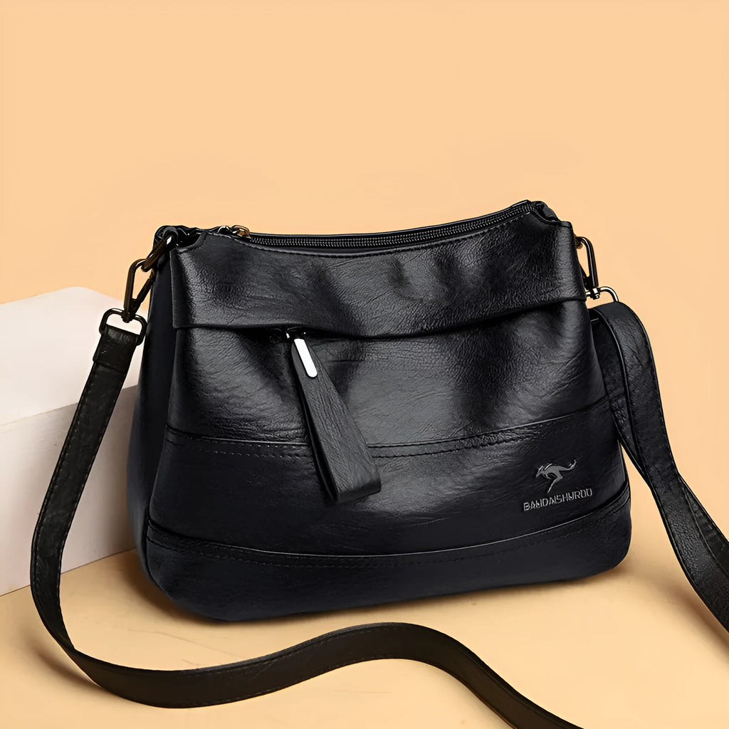 Women's PU leather shoulder messenger bag with double straps, splicing detail, available in multiple colours including yellow and black