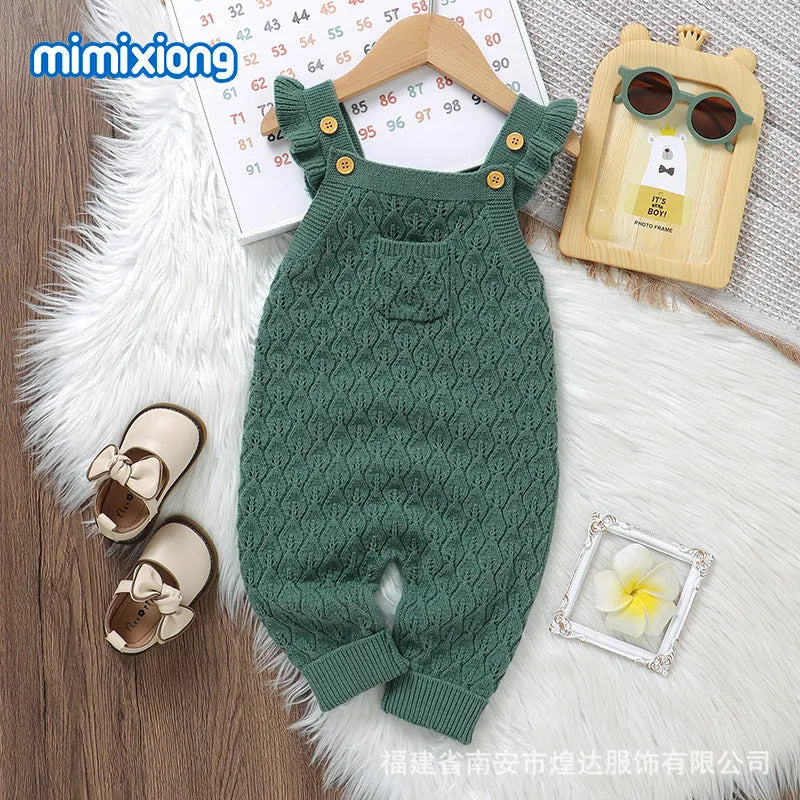 Infant solid colour flounced sleeve sling romper jumpsuit in knitted polyester double breasted design