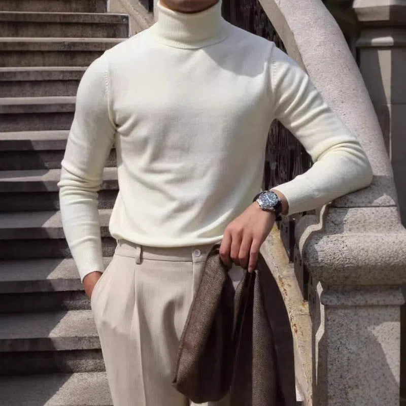 Men's autumn winter turtleneck cotton sweater in black, long sleeves, pullover style