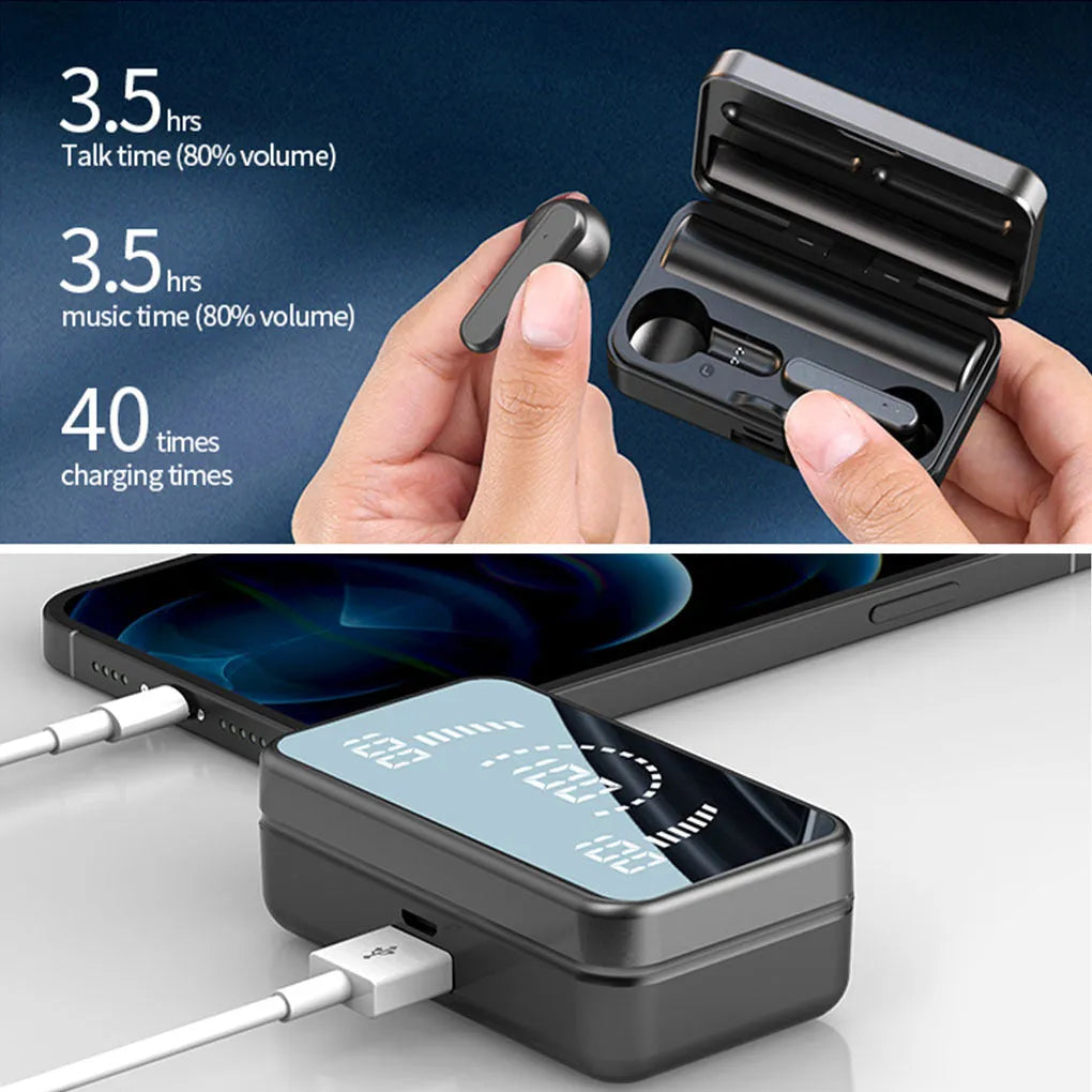 Wireless Bluetooth earbuds in black with LED indicator and in-ear silicone tips