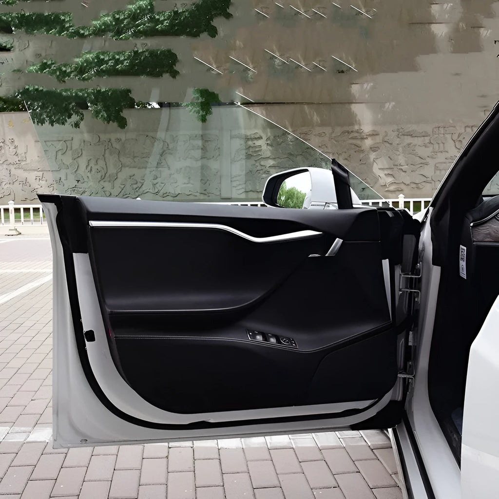 Carbon fibre pattern protective film for Tesla Model S door panels showing four pre-cut pieces