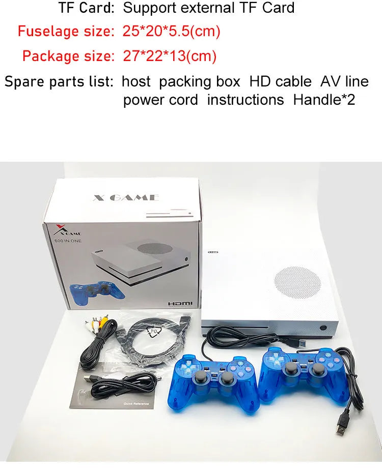 White wired Arcade Xgame joystick TV game console with two controllers, HDMI and AV cables on a table
