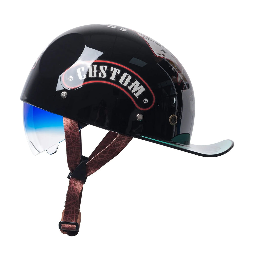 Men's retro half helmet for electric bikes in bright black gradient with blue lens, showing ABS shell construction.