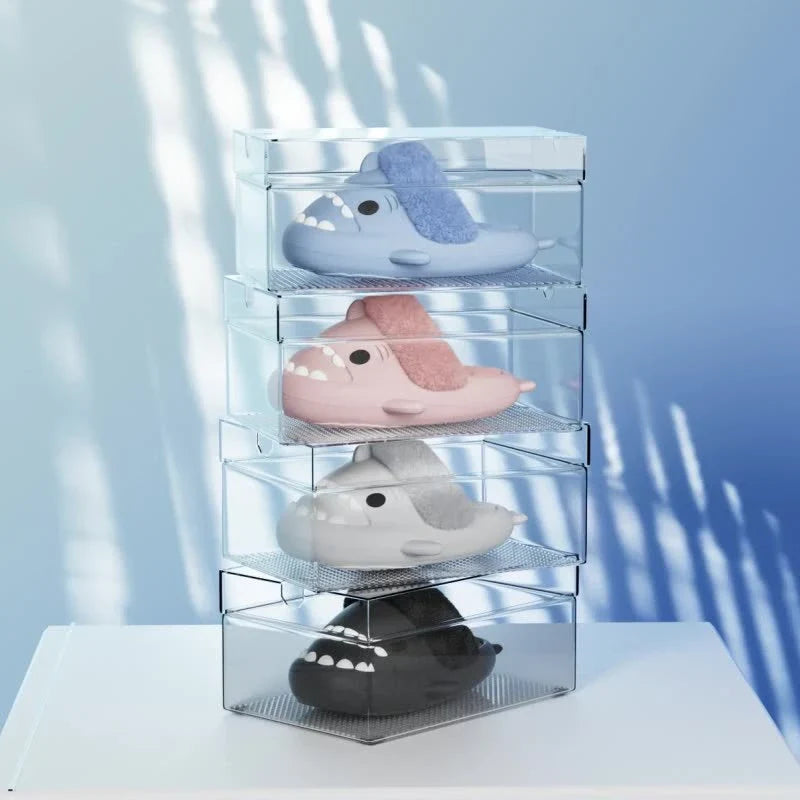 Cozy shark-inspired slippers in various colors, featuring plush, fuzzy material and durable non-slip soles