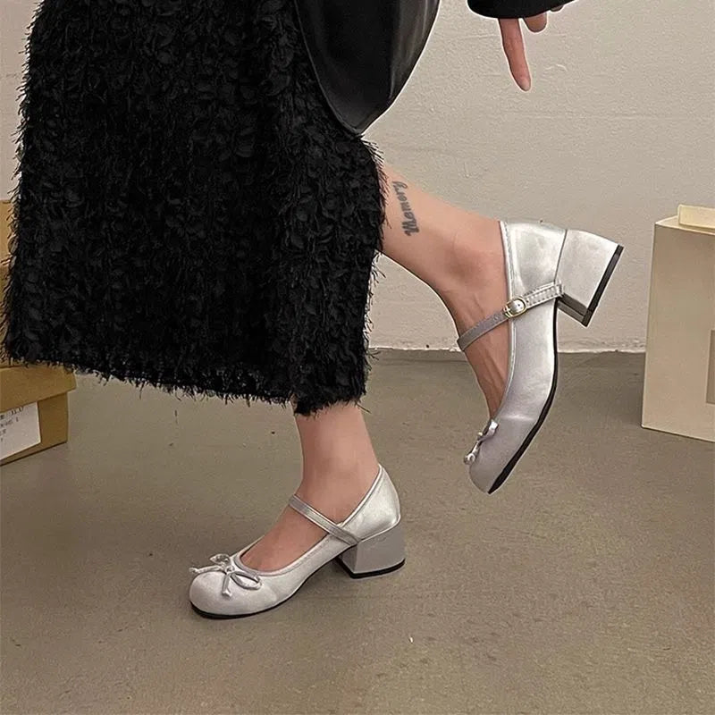 Mary Jane shoes for women with chunky heel round toe buckle strap in pink