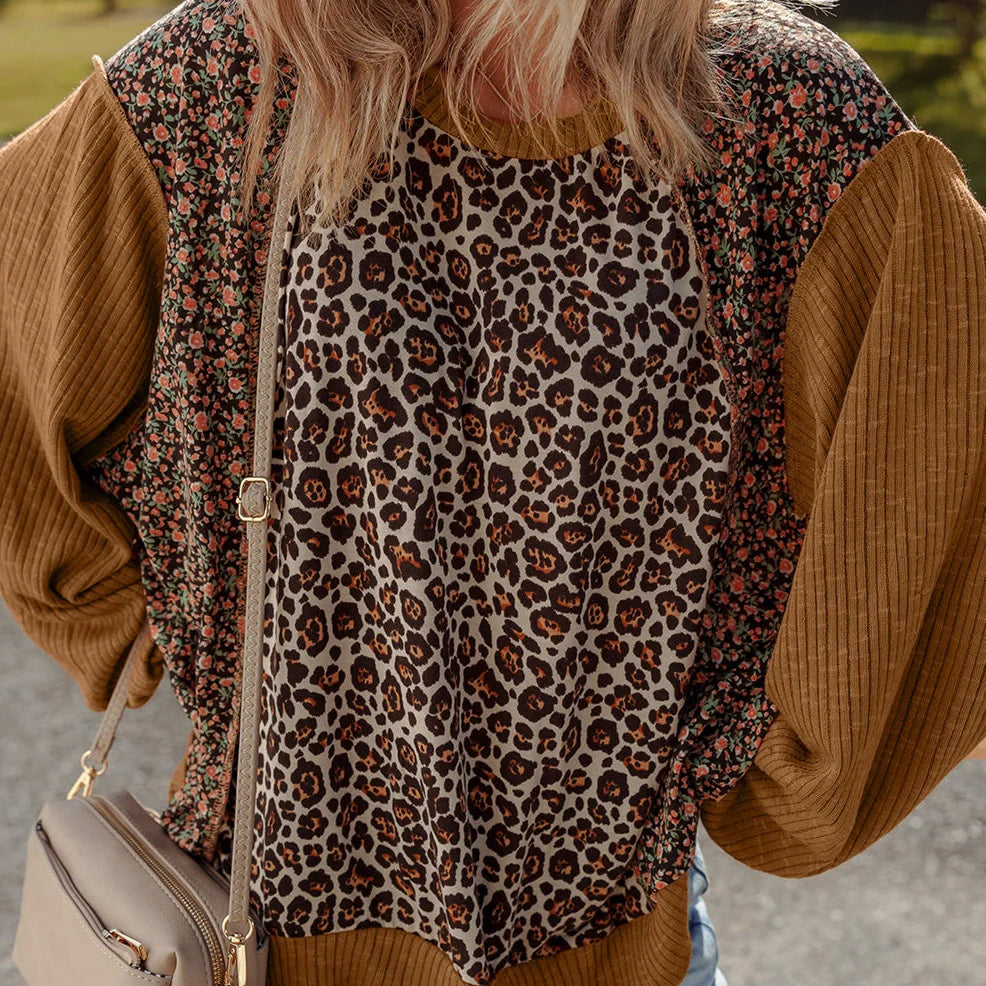 Women's brown leopard print loose fit sweater with long sleeves and hollow knit construction