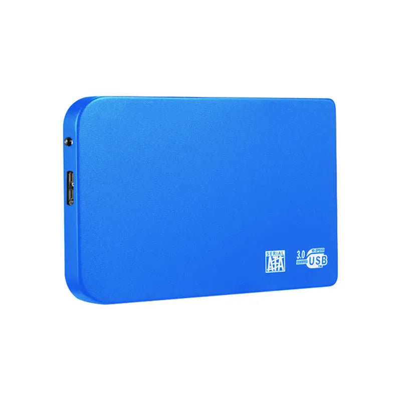Silver metal USB 3.0 solid state external hard drive with data cable.