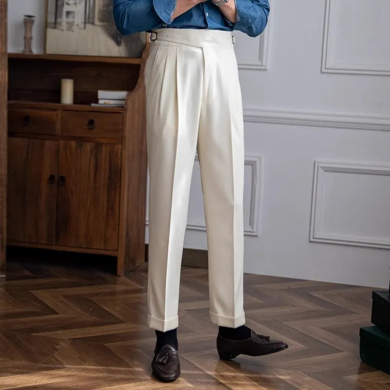 Men's high-waisted straight-leg casual trousers in black polyester fabric on a hanger.