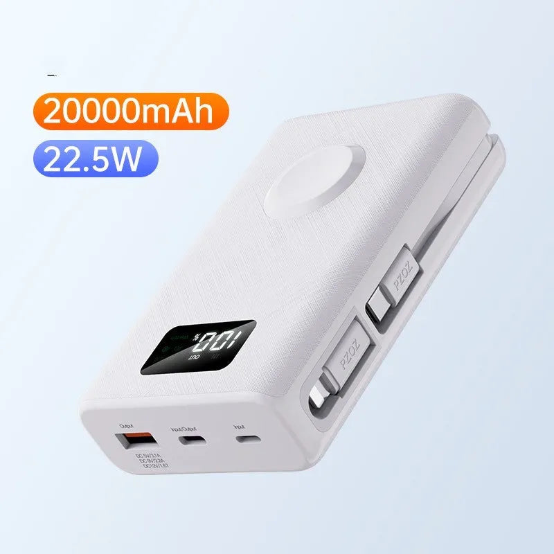 White wireless mobile power supply showing screen display and multiple charging ports